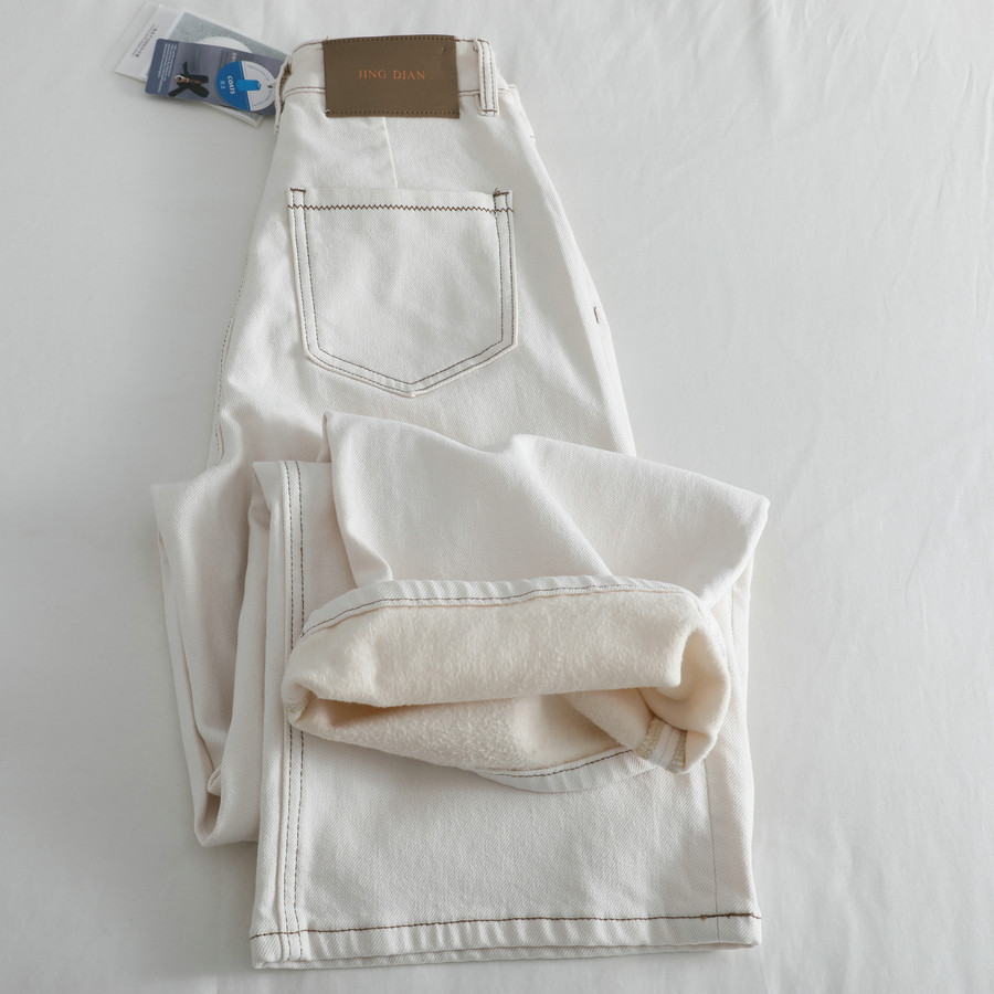 米白色加绒高腰牛仔裤女秋冬