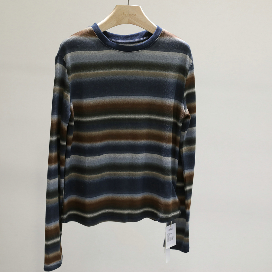 韩系小姐姐！彩色条纹磨毛长袖T恤女设计感小众圆领打底衫上衣