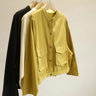 正儿八经の好货!工装风圆领双口袋短外套女春季宽松休闲上衣