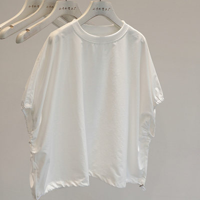 设计感白色抽绳圆领短袖T恤