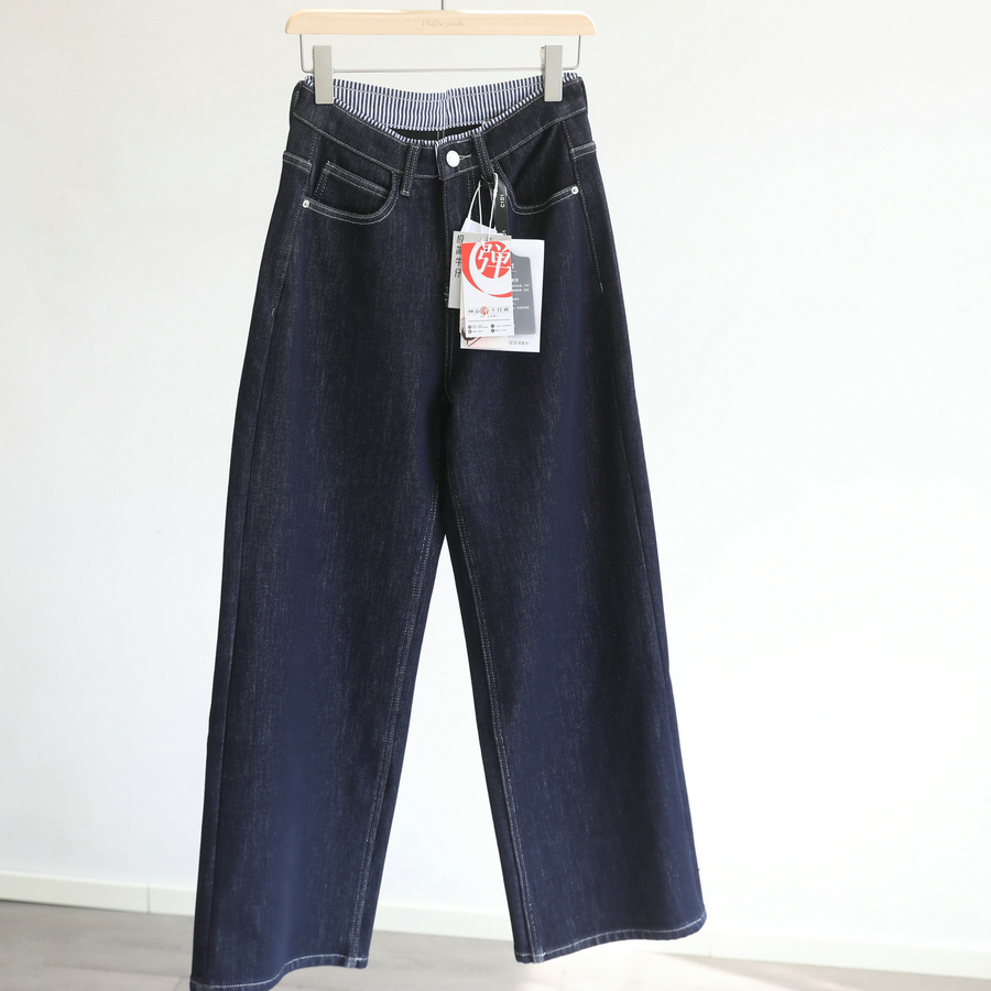 时髦精穿搭！加绒加厚阔腿牛仔裤女韩版高腰直筒拖地长裤秋冬