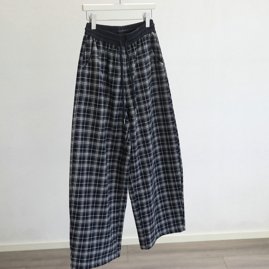 自带慵懒感~加绒格子阔腿休闲裤女秋冬复古宽松显瘦弯刀裤长裤