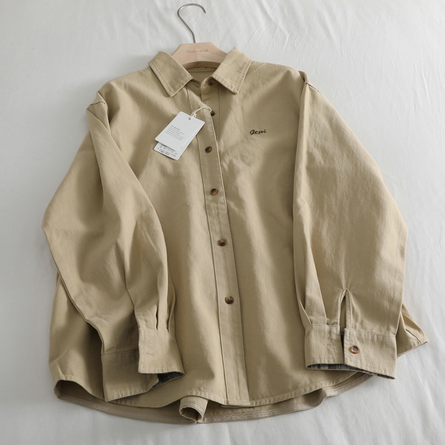 日单大厂出货！刺绣卡其色长袖衬衫女宽松显瘦休闲叠穿衬衣外套