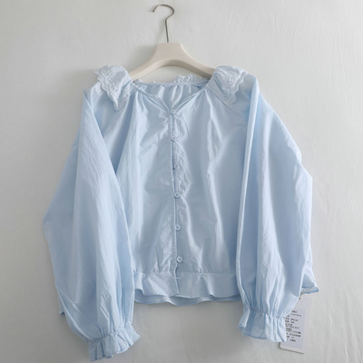 气质欧尼私服~温柔法式荷叶边衬衫女宽松显瘦长袖蓝色减龄上衣