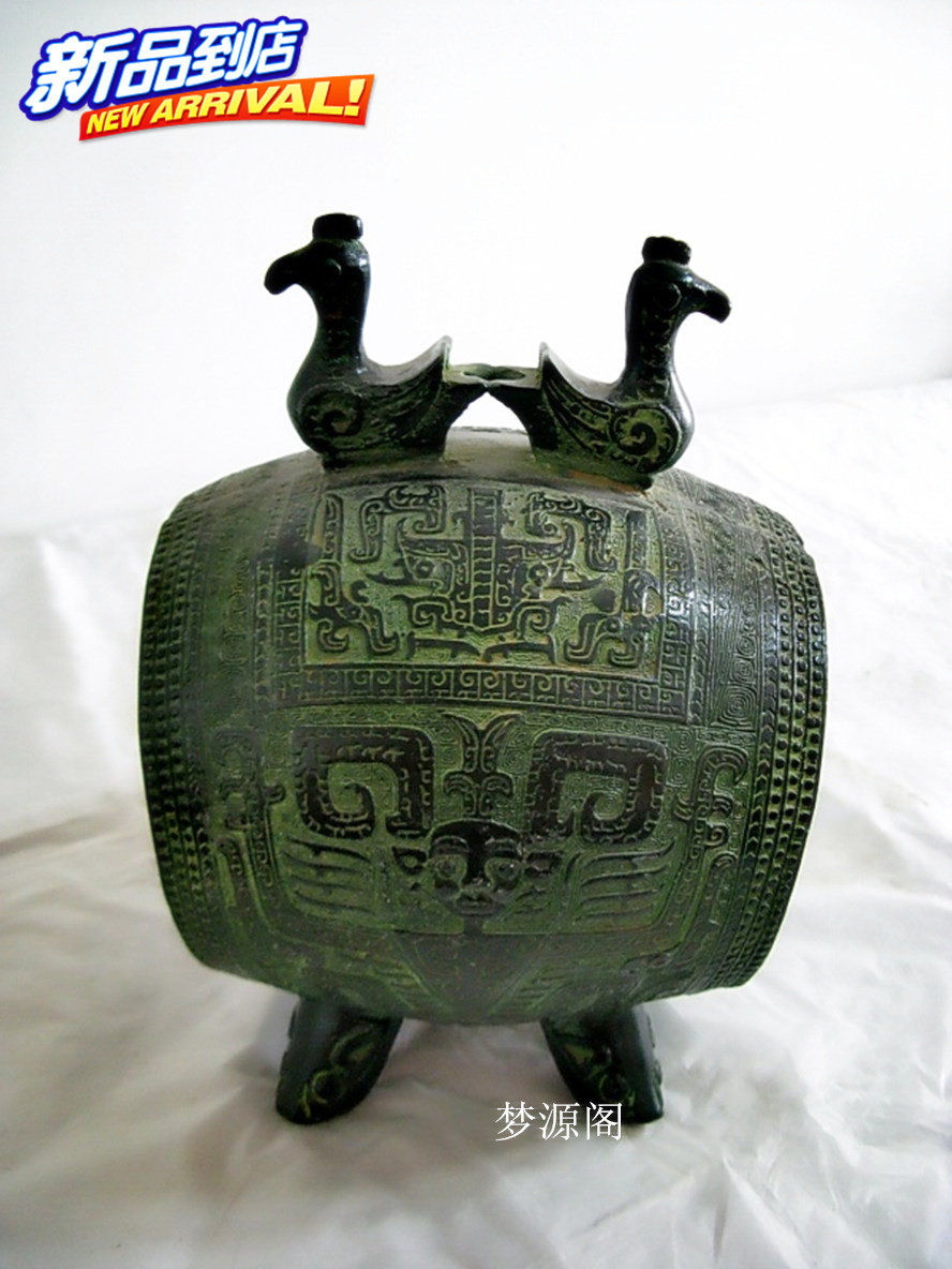 双凤鼓青铜器仿古做旧摆件中式礼品客厅橱窗店铺办公桌装饰道具