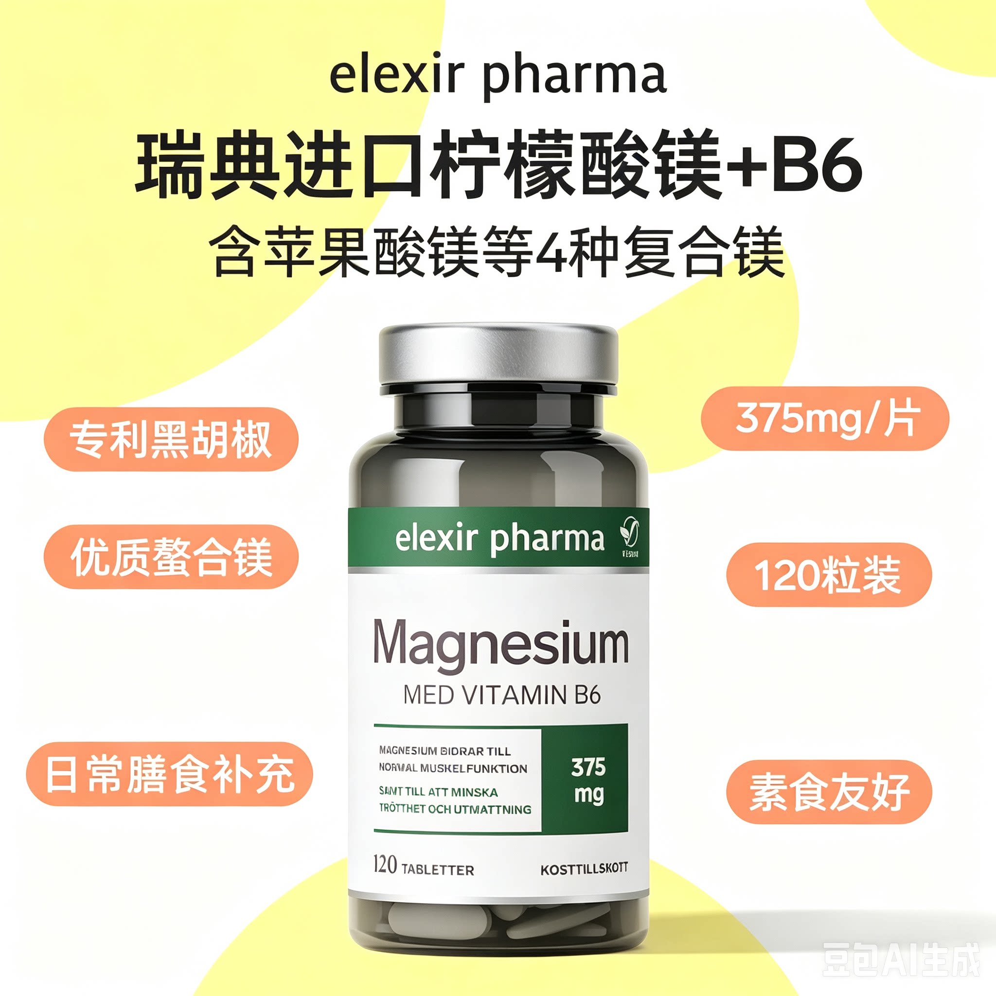 瑞典elexir 原装进口纯镁片柠檬酸镁苹果酸镁补充剂120片/瓶375mg