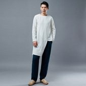 中国风古风亚麻T恤男式 白色长衫 文艺风斜角长t恤春夏休闲薄款 长袖