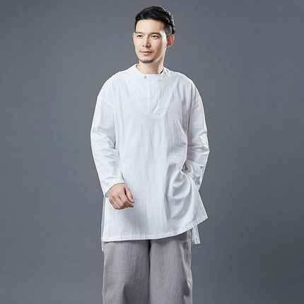 春夏薄棉麻中国风圆领长袖宽松衬衫长款衬衣男民族风茶道服居士服