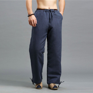 中国风男裤 秋冬新款 夹棉抽绳松紧腰棉裤 加厚保暖休闲裤 纯麻棉裤