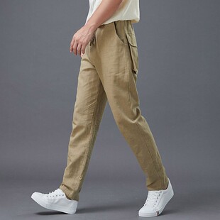 裤 春夏苎麻直筒休闲裤 显瘦松紧腰系带立体口袋休闲工装 修身 男式
