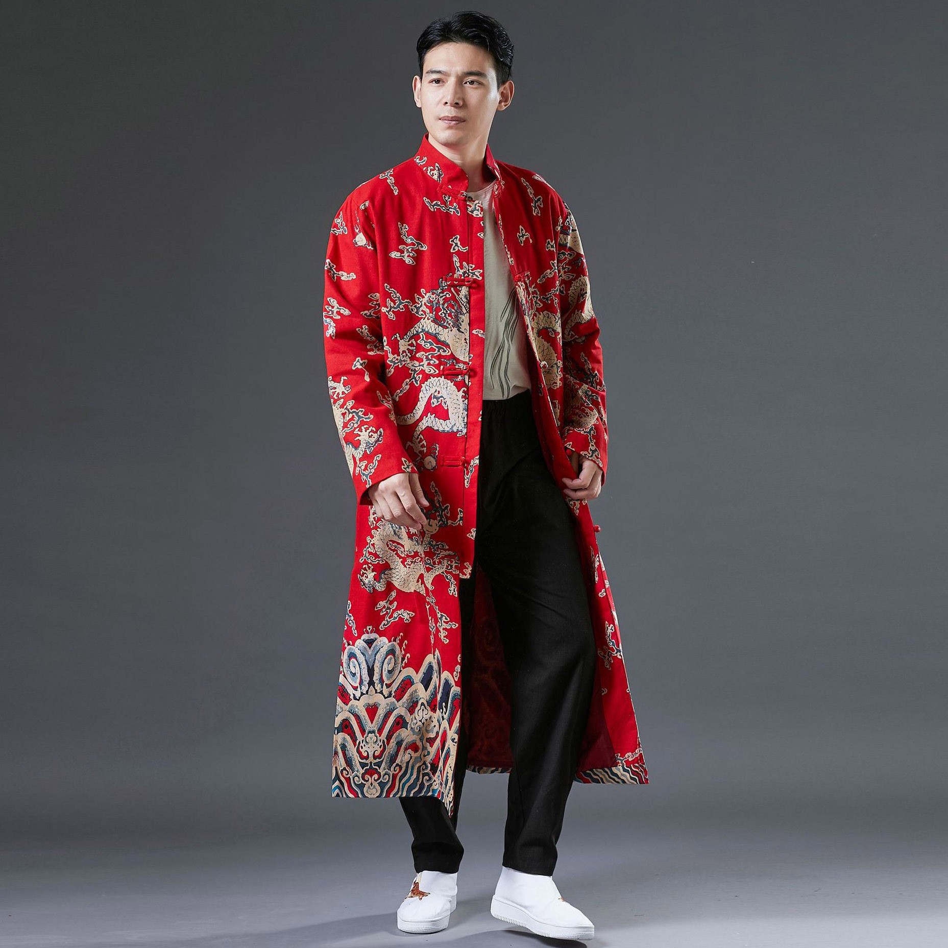 中国风双层青花龙纹过膝长风衣