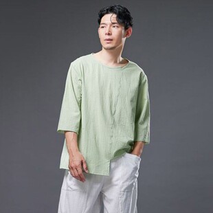 七分袖 圆领T恤宽松下摆套头白衬衫 棉麻休闲衫 民族风t恤春夏新款