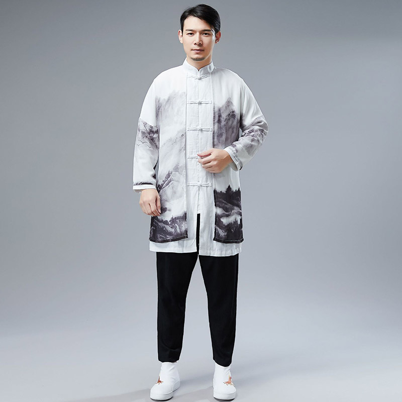 水墨山水画假两件国风外套