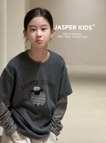 JASPER波拉韩国童装2026秋冬男女童韩版抓绒假两件T恤中大童打底