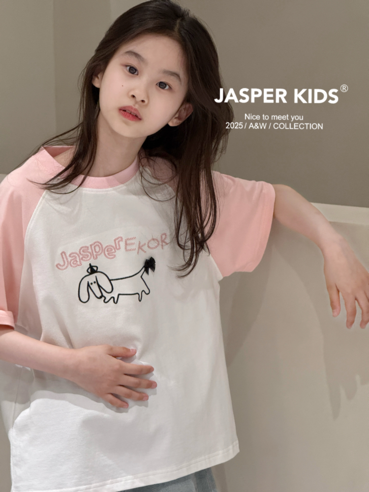 Jasper韩国波拉童装2025夏装儿童小狗插肩袖T恤女童圆领短袖上衣