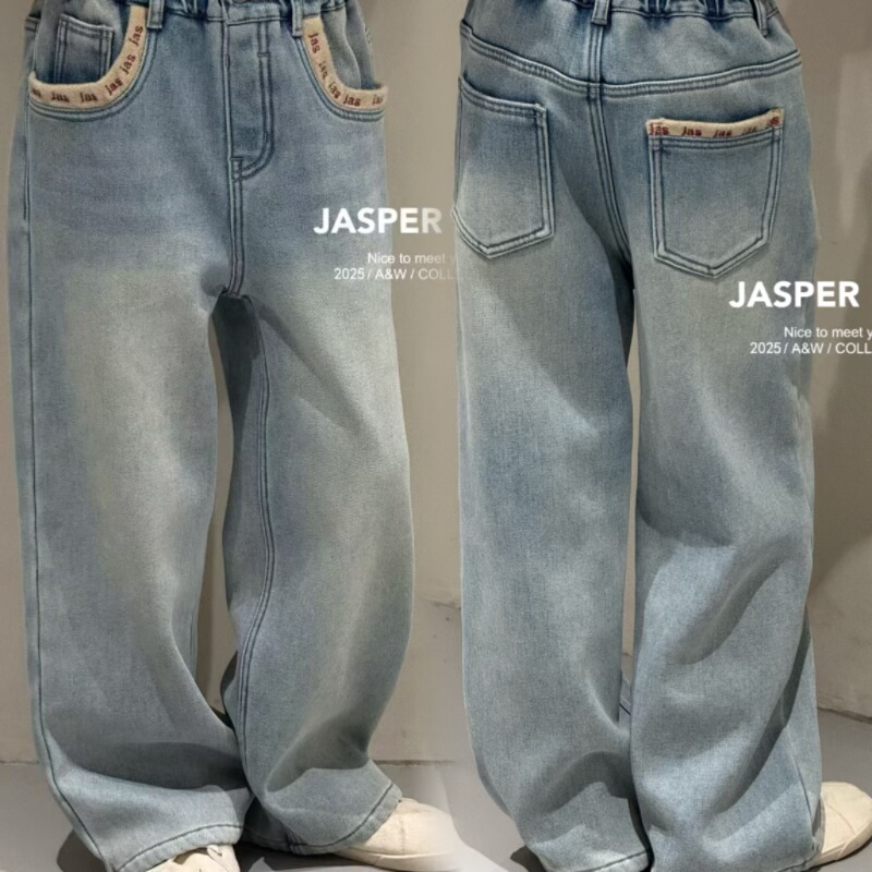 Jasper波拉韩国童装2025冬款女童一体绒牛仔裤儿童韩版直筒裤亲子