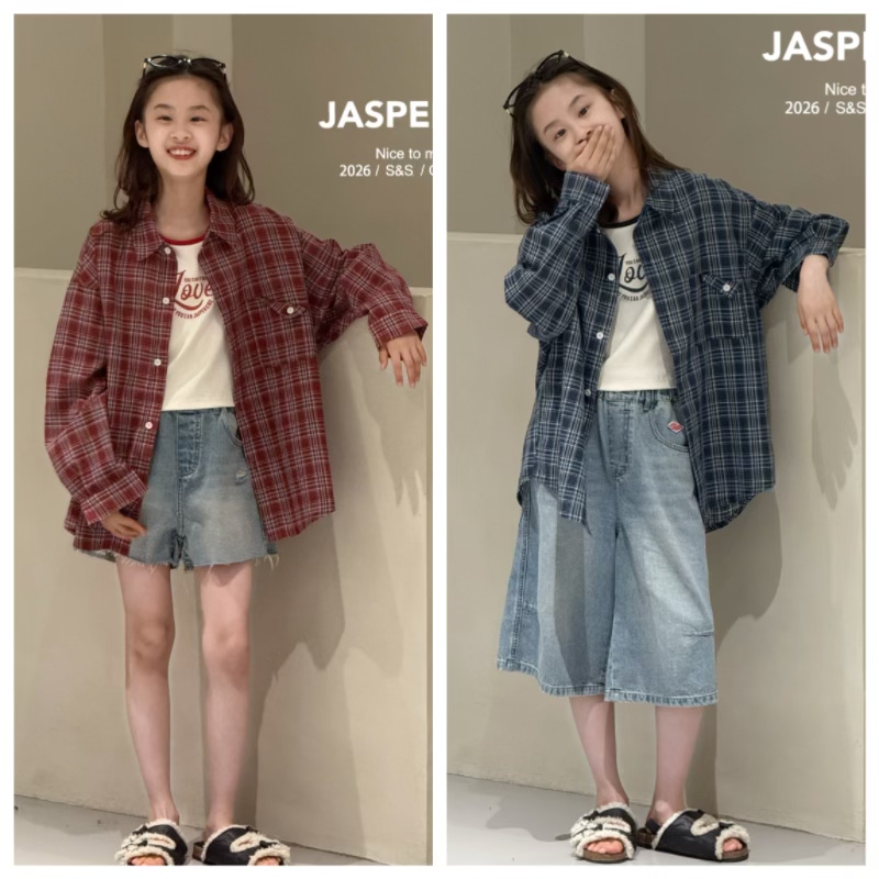 Jasper波拉韩国童装2026夏韩版男女童格子衬衫中大童防晒外套亲子