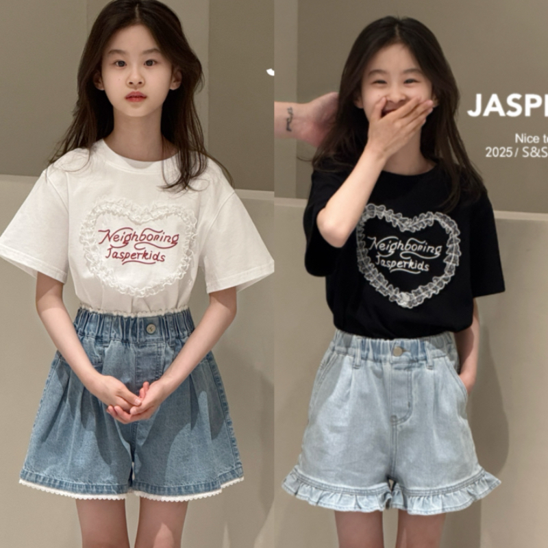 Jasper波拉韩国童装2025夏装女童韩版蕾丝爱心短袖儿童圆领T恤衫
