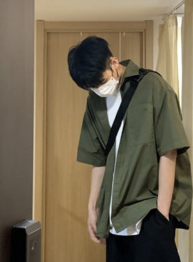 okhao!墨绿色短袖衬衫韩版ins