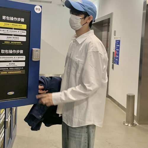 OKHAO 纯棉水洗白色秋冬万能打底口袋长袖衬衫