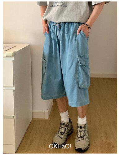 OKHAO 七分牛仔裤男士夏季工装裤阔腿直筒裤子