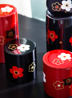 现货日本进口HAKOYA紅色黑色梅花茶叶罐咖啡罐密封储物和风茶叶筒