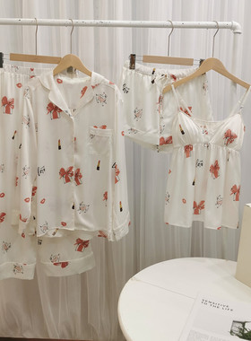 GP日系外贸原单春秋丝滑款柔软亲肤可爱甜美蝴蝶结睡衣家居服套装