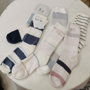 GP外贸原单日系甜美软绵绵奶昔加绒条纹中长筒女袜地板袜月子袜