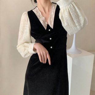 2025春季 精品金丝绒连衣裙女蕾丝边V领赫本风气质中长裙亲肤柔软