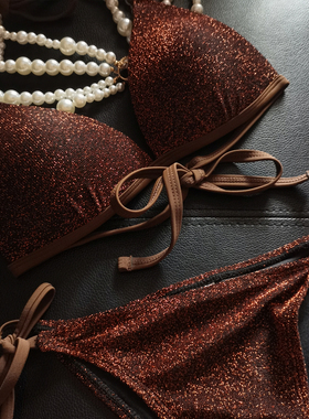 CORITIV鎏金夏日金棕银丝闪耀性感三点式比基尼聚拢沙滩温泉泳衣