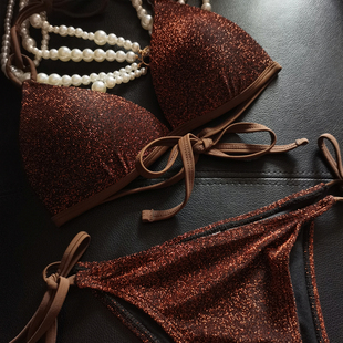 CORITIV鎏金夏日金棕银丝闪耀性感三点式比基尼聚拢沙滩温泉泳衣