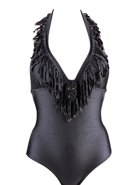 高端连体泳衣低胸灰色显瘦性感露背温泉度假流苏深v大胸纯色泳装