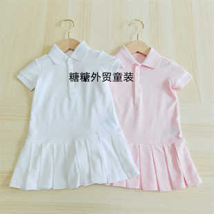 学院风夏季女孩珠地棉短袖翻领连衣裙透气儿童百褶翻领裙