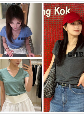 纯元~经典夏季R女款V领纯棉短袖T恤~女士休闲百搭纯色吸汗上衣