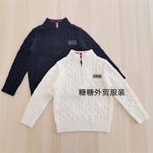 儿童半拉链立领纯棉麻花编织长袖 中大男童女童套头毛衣 针织衫