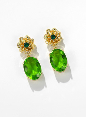 925银针时尚绿色花朵耳饰女2024年春款潮气质设计感个性网红耳饰