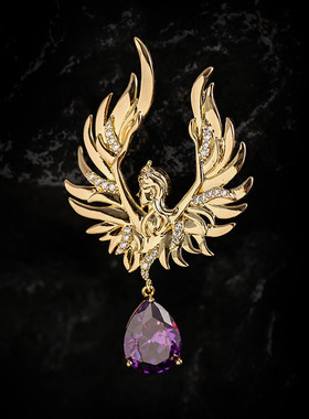 韩版天使羽翼翅膀别针个性胸针紫色人造水晶水滴胸饰时尚装饰胸花