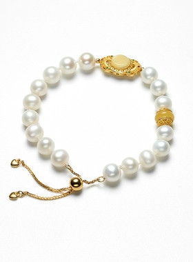 S925银天然淡水珍珠手链抽拉式可