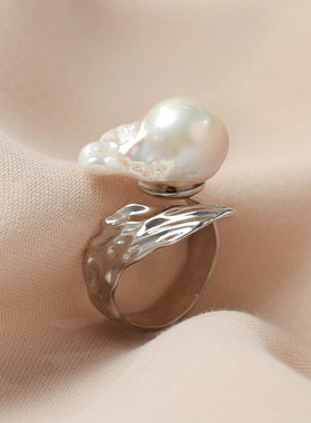 925银巴洛克异形淡水珍珠戒指女小众设计感时尚个性开口食指环潮