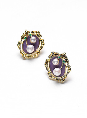 925银针淡水珍珠紫色耳钉2024新款潮时尚气质设计感耳环法式耳饰