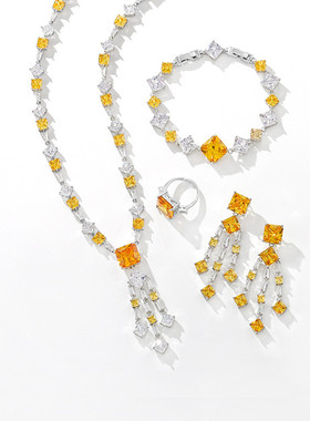 彩宝系列黄色水晶项链耳环手链戒指四件套套装港风时尚气质锁骨链
