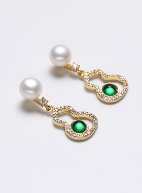 925银针绿色淡水珍珠高级感耳饰新中式耳环葫芦设计简约国风耳环