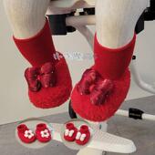 子秋冬季 1岁防掉棉鞋 6月女宝宝蝴蝶结公主鞋 红色过年 婴儿鞋