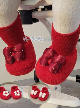 婴儿鞋子秋冬季0-3-6月女宝宝蝴蝶结公主鞋0-1岁防掉棉鞋红色过年
