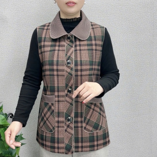 中老年女装妈妈装春装马夹老年人婆婆春秋款翻领格子马甲奶奶褂子
