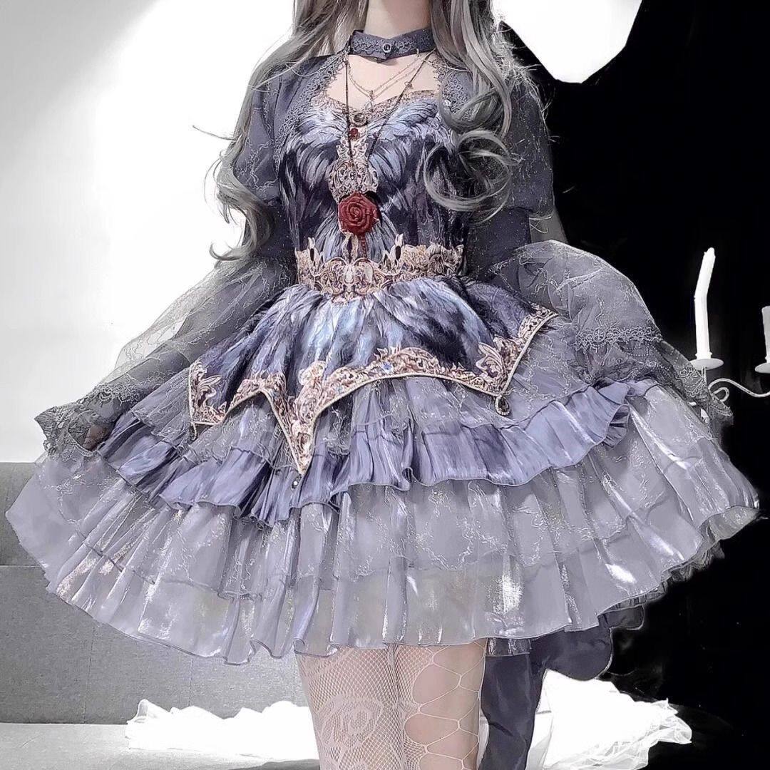 天鹅舞曲原创洛丽塔jsk复古灰紫哥特蓬蓬裙正版Lolita吊带连衣裙