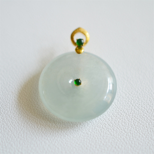 A货天然翡翠玉18k黄金镶嵌老坑冰种饱满平安扣吊坠