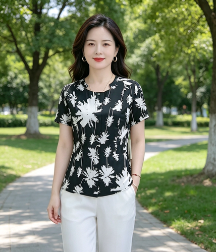弹力双绉真丝上衣黑白印花
