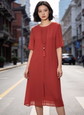 2026夏季新款妈妈装红色新中式连衣裙 真丝桑蚕丝遮肚显瘦裙J105