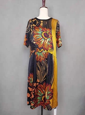 巨亏重磅真丝连衣裙高端钉珠中年气质桑蚕丝印花宽松妈妈裙J124